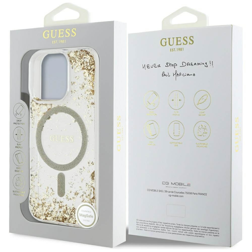 Guess iPhone 16 Pro Max - HC Resin Bottom Glitter - MagSafe Σκληρή Θήκη με Πλαίσιο Σιλικόνης - Gold - GUHMP16XRGRGED