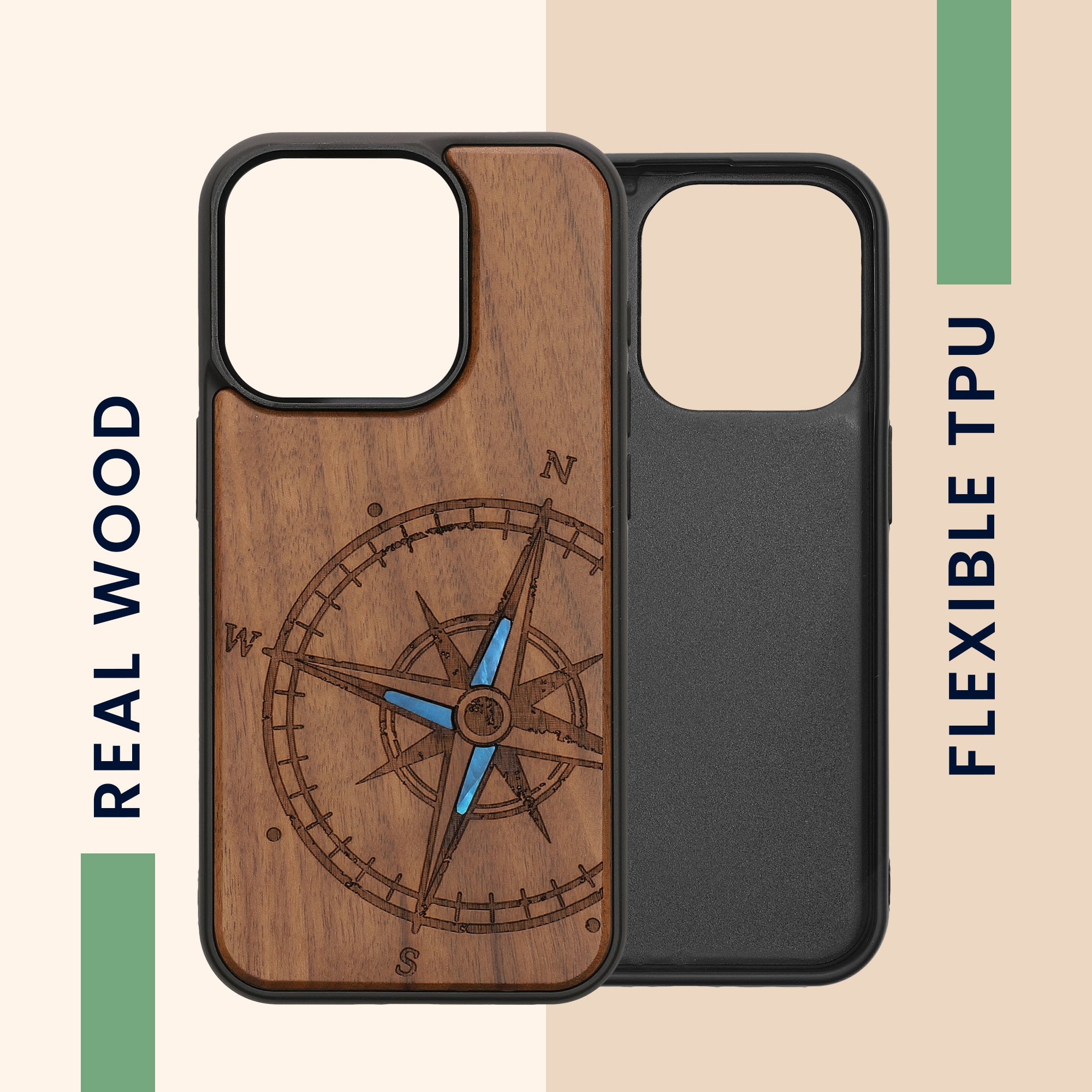KW iPhone 15 Pro Θήκη από Φυσικό Ξύλο - Design Navigational Compass Mother of Pearl - Dark Brown