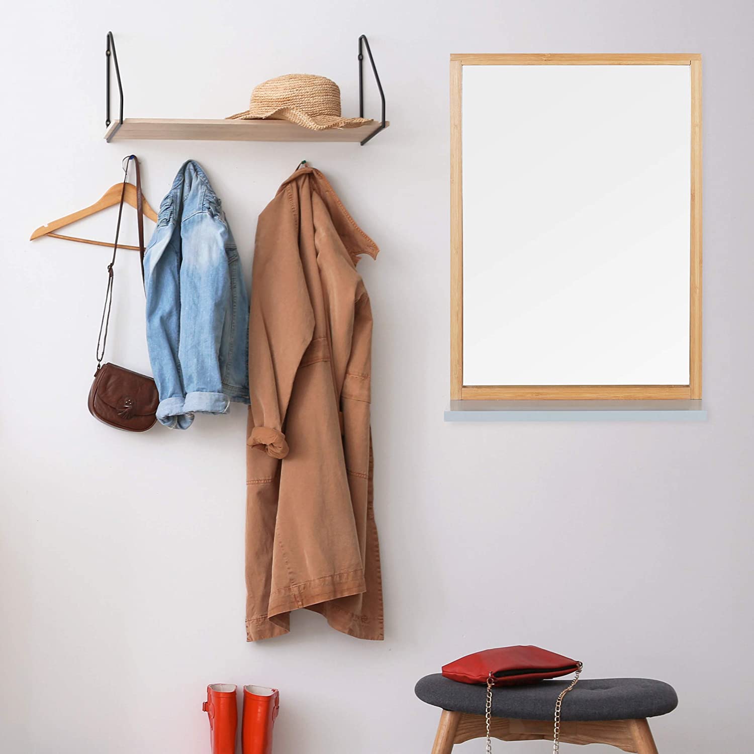 Relaxdays Διακοσμητικός Καθρέπτης Τοίχου με Ράφι από Μπαμπού - 54,5 x 38 x 12 cm - Natural / Grey - 4052025250133