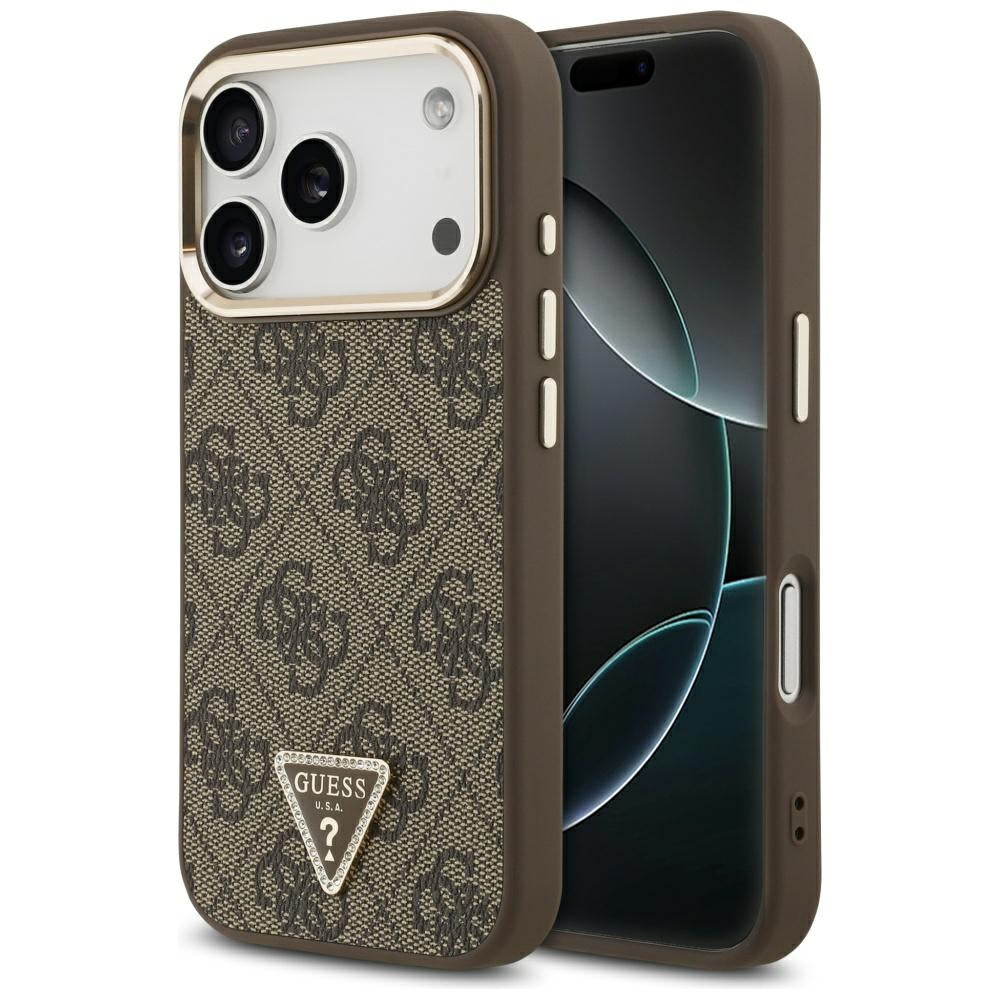 Guess iPhone 17 Pro - 4G Triangle Strass Logo MagSafe - Σκληρή Θήκη με Επένδυση Συνθετικού Δέρματος - Brown / Gold - GUHMP17LP4GTDGMW