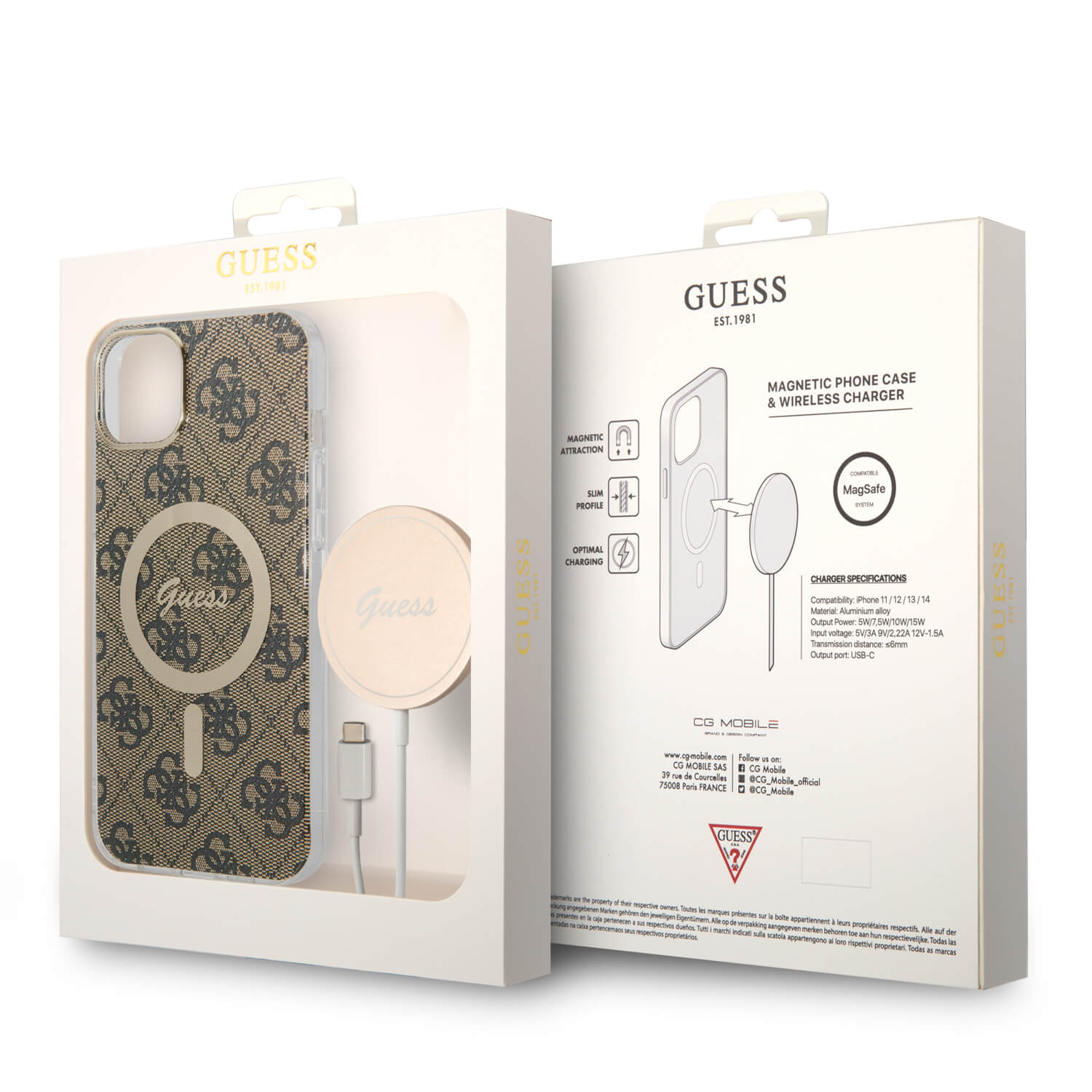 Guess iPhone 15 Plus / 14 Plus - Bundle Pack - Σετ Σκληρή Θήκη με Πλαίσιο Σιλικόνης και Ασύρματος Φορτιστής MagSafe - Design 4G Print MagSafe - Brown - GUBPP14MH4EACSW