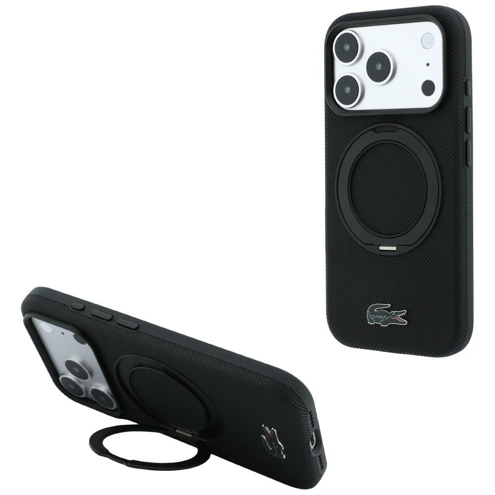 Lacoste iPhone 18 Pro Max / iPhone 17 Pro Max - Σκληρή Θήκη με Πλαίσιο Σιλικόνης και Δαχτυλίδι Συγκράτησης MagSafe - Petit Pique with Ring Stand - Black