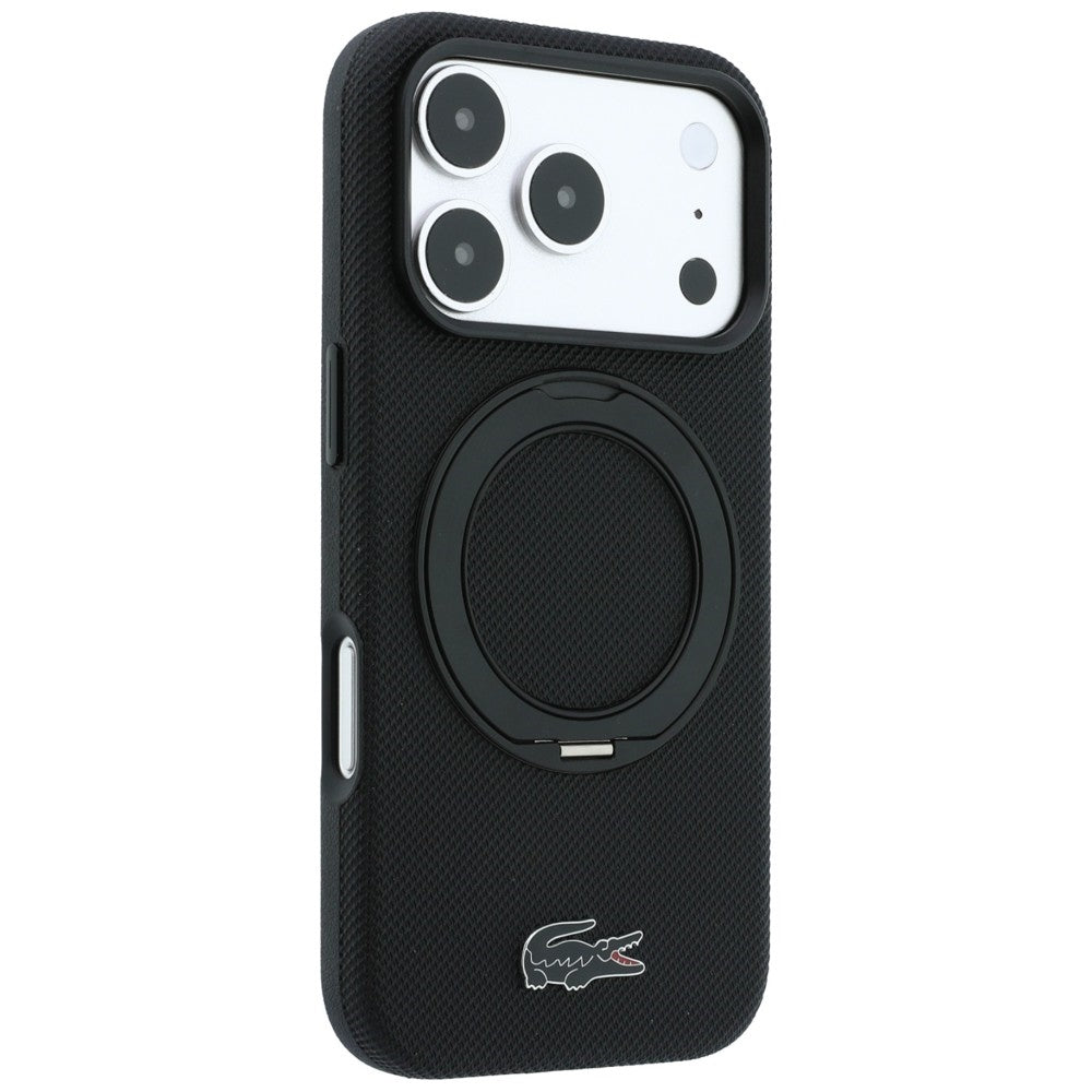 Lacoste iPhone 18 Pro Max / iPhone 17 Pro Max - Σκληρή Θήκη με Πλαίσιο Σιλικόνης και Δαχτυλίδι Συγκράτησης MagSafe - Petit Pique with Ring Stand - Black
