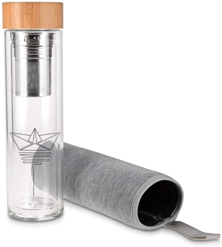 Navaris Γυάλινο Μπουκάλι Τσαγιού με Θήκη μεταφοράς - 500ml - Design Paper Boat - Clear - 45888.2.02