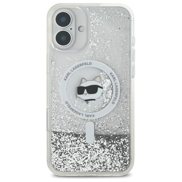 Karl Lagerfeld iPhone 16 - Liquid Glitter Choupette Head MagSafe - Σκληρή Θήκη με Πλαίσιο Σιλικόνης - Διάφανη - KLHMP16SLGCHSGH