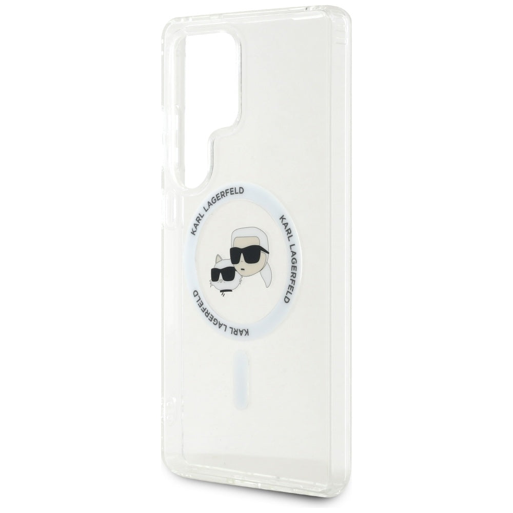 Karl Lagerfeld Samsung Galaxy S25 Ultra - Button Karl and Choupette Heads Printed Logo - MagSafe Σκληρή Θήκη με Πλαίσιο Σιλικόνης - White - KLHMS25LHLSKCH