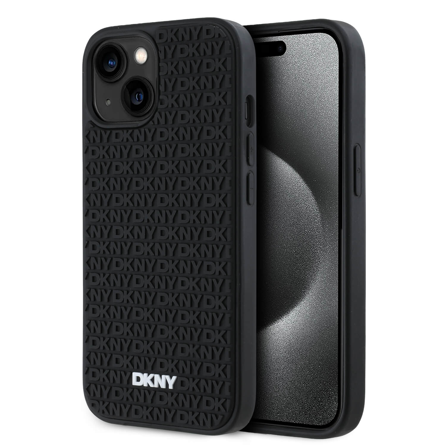 DKNY iPhone 15 / 14 / 13 - 3D Rubber Repeat Pattern - Σκληρή Θήκη με Επένδυση Συνθετικού Δέρματος - Black
