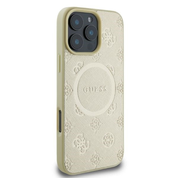 Guess iPhone 16 Pro - Saffiano Peony Classic Logo - MagSafe Σκληρή Θήκη με Πλαίσιο Σιλικόνης και Συνθετικό Δέρμα - Gold - GUHMP16LPSAPSMED