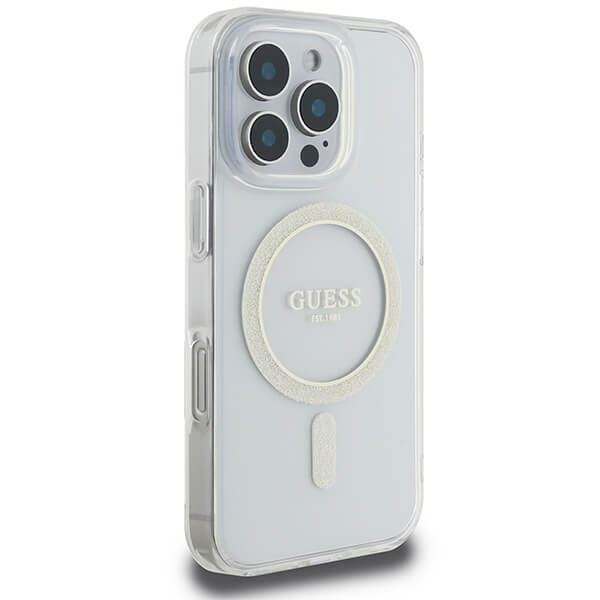 Guess iPhone 16 Pro Max - IML Glitter Circle Magsafe - Σκληρή Θήκη με Πλαίσιο Σιλικόνης - Διάφανη - GUHMP16XHFGERET