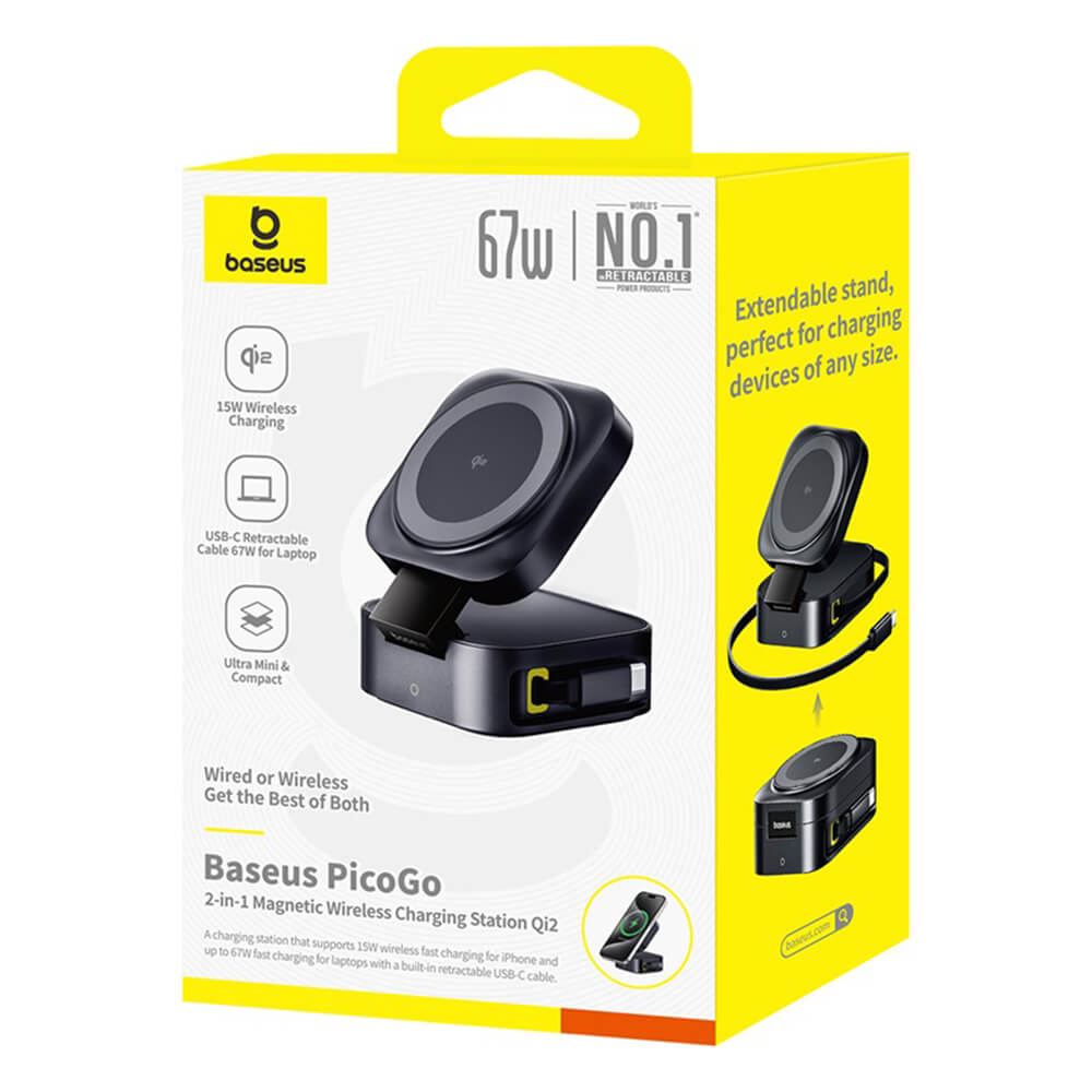 Baseus 2in1 PicoGo Ασύρματος Μαγνητικός Φορτιστής MagSafe 15W με 1 Θύρα Type-C και Καλώδιο Type-C to Type-C - Black