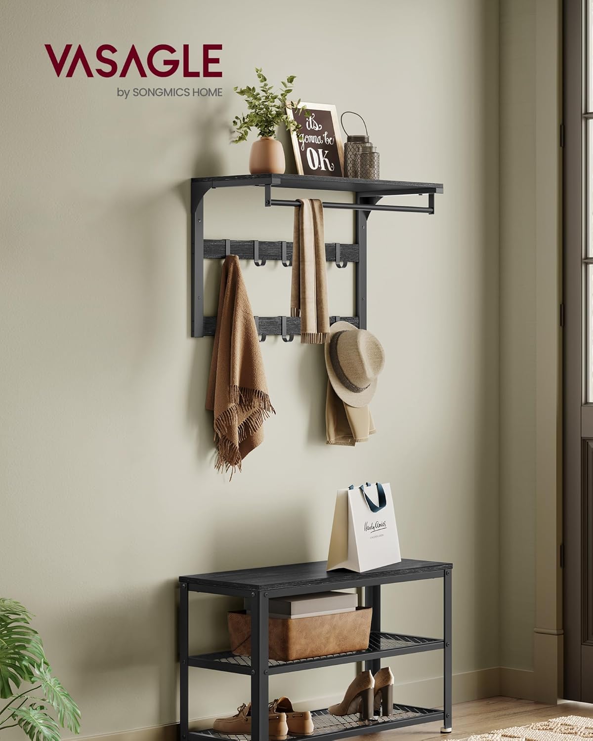 Vasagle Επιτοίχια Κρεμάστρα με 10 Αφαιρούμενους Γάντζους - 30 x 65 x 42 cm - Anthracite Grey / Black - LCR101B04