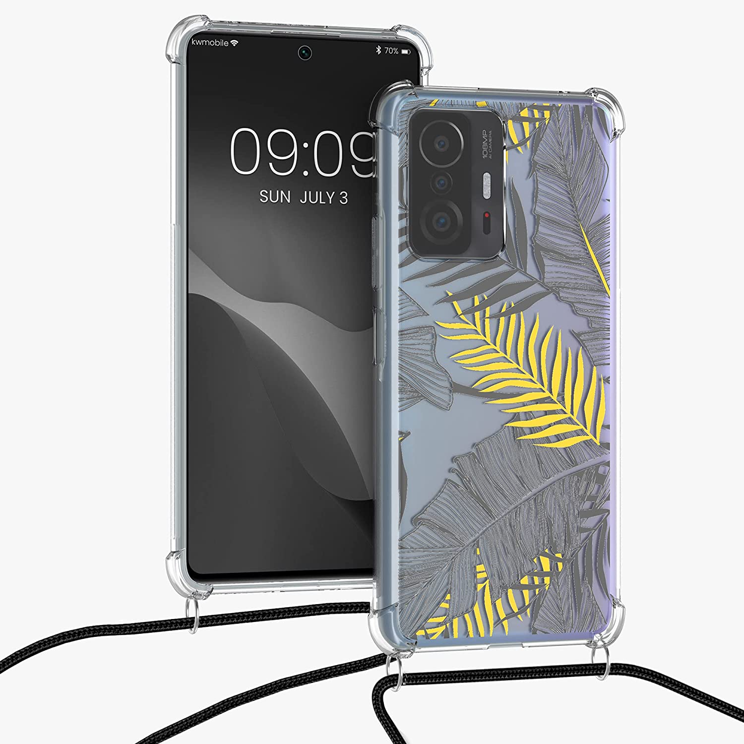 KW Xiaomi 11T / 11T Pro Θήκη Σιλικόνης TPU με Λουράκι Design Palm Leaves - Gold / Grey / Διάφανη - 56522.01