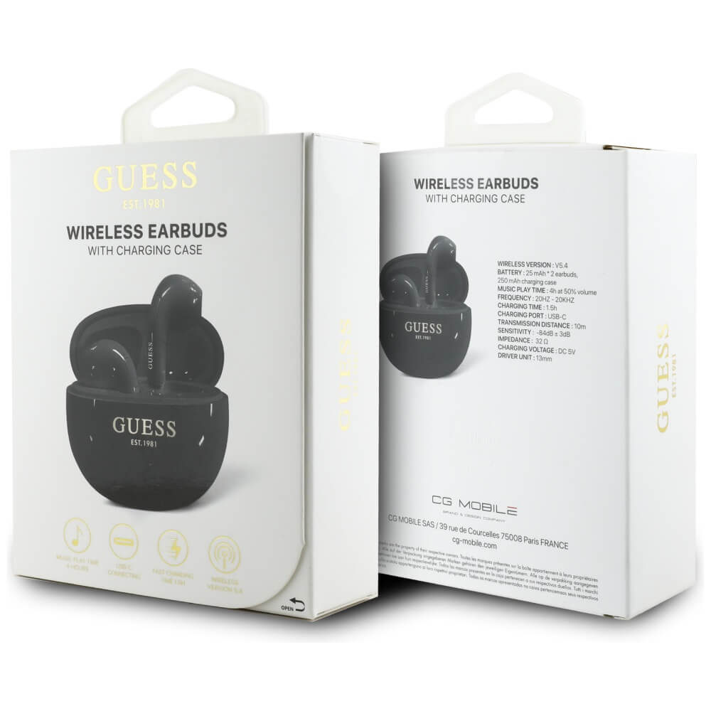 Guess TWS Glossy Effect Egg Shape Printed Classic Logo - Bluetooth 5.4 - Ασύρματα ακουστικά για Κλήσεις / Μουσική - Black