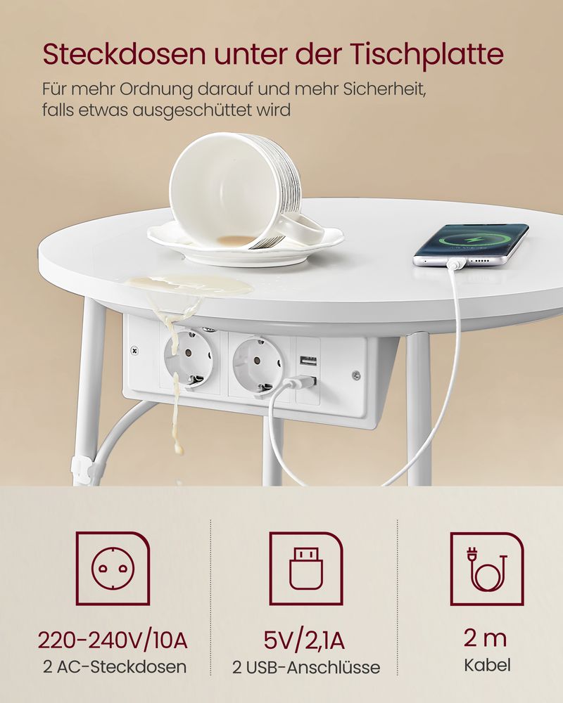 Vasagle Στρόγγυλο Βοηθητικό Τραπέζι με Υφασμάτινο Καλάθι Αποθήκευσης και Ενσωματωμένο Πολύπριζο - Matte White / Camel Brown - LET228W02