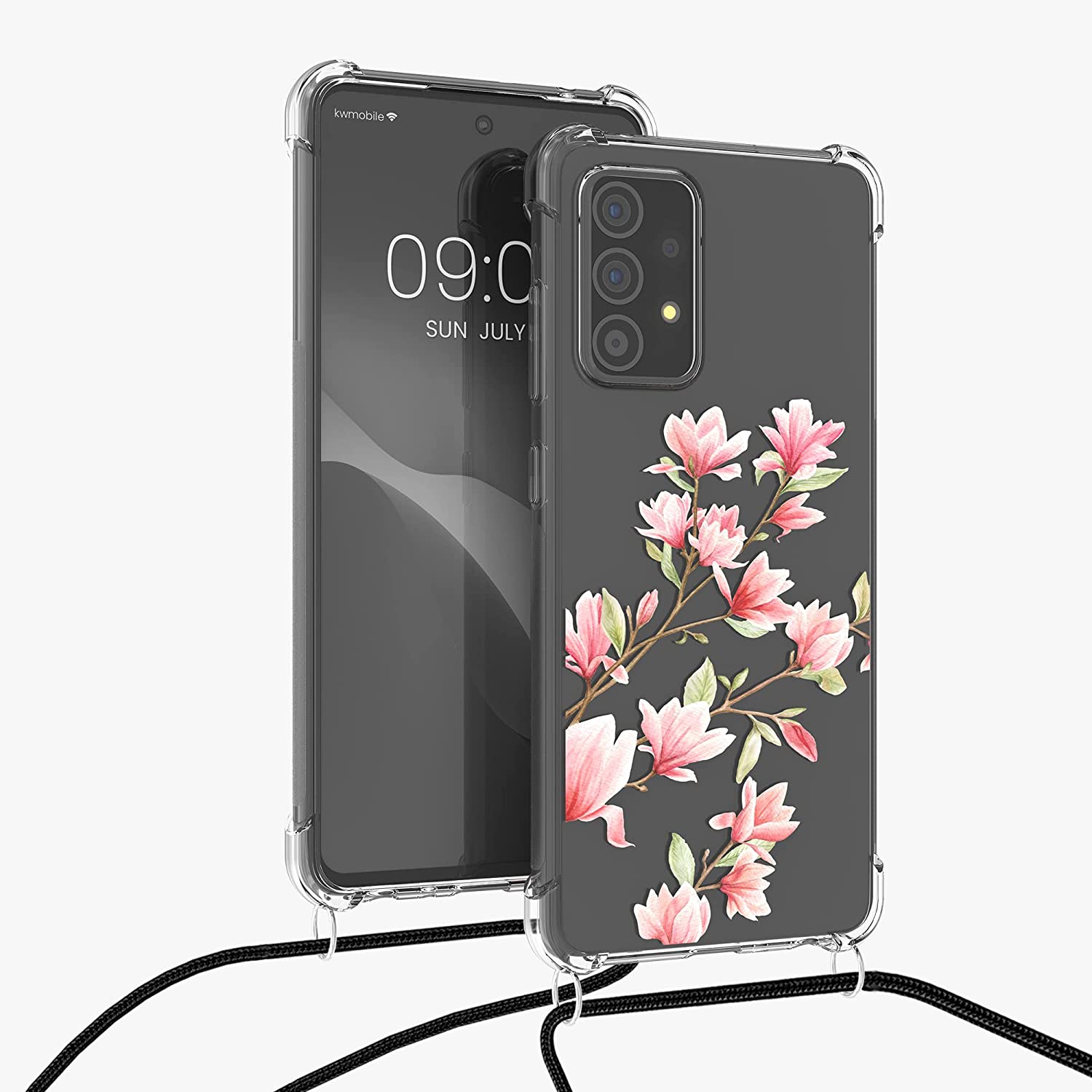 KW Samsung Galaxy A52 / A52 5G / A52s 5G Θήκη Σιλικόνης TPU με Λουράκι Design Magnolias - Διάφανη / White / Pink - 57733.02
