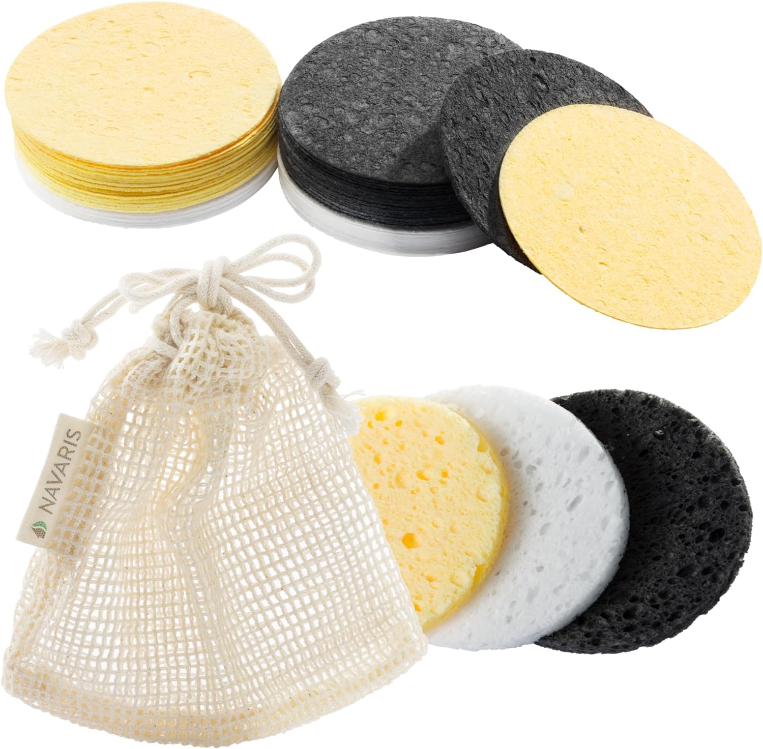 Navaris Σετ με 50 Βιοδιασπώμενα Καλλυντικά Σφουγγάρια Προσώπου - Black / Yellow / White - 61593.01
