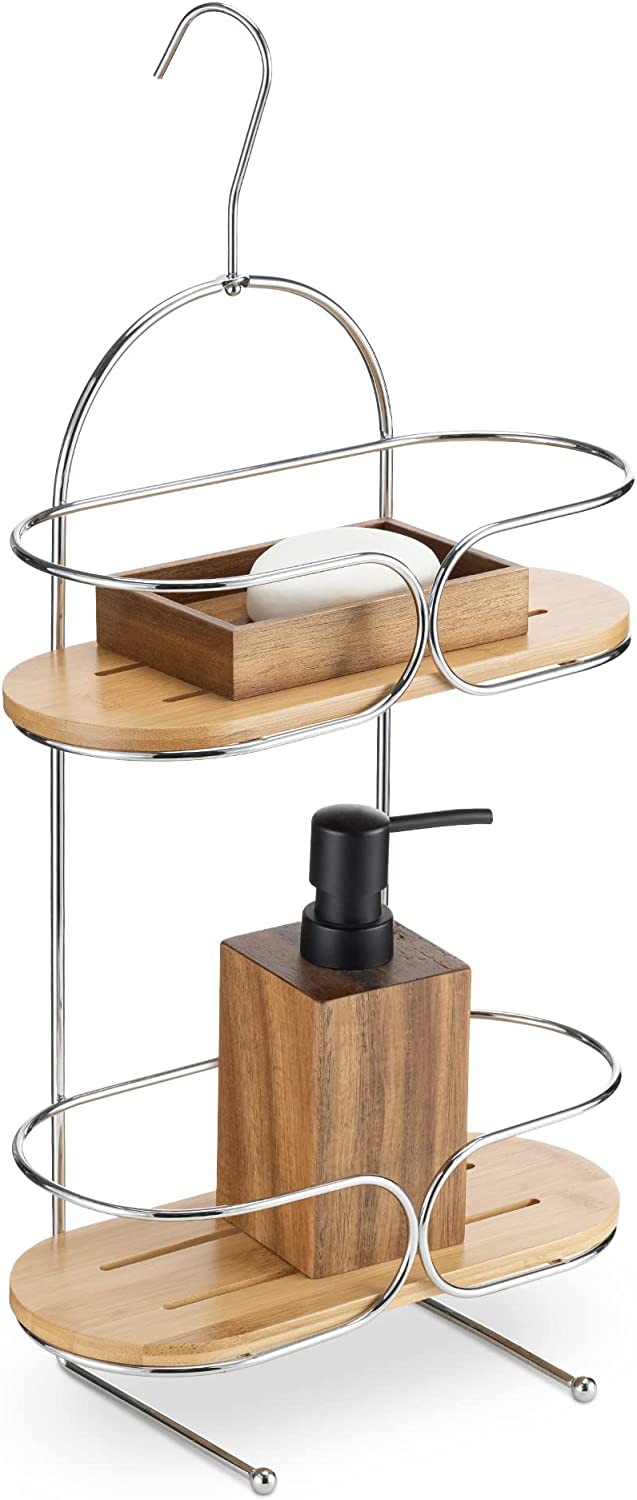 Navaris Κρεμαστό Ράφι Ντουζιέρας 2 Επιπέδων από Μπαμπού και Μέταλλο - Natural / Silver - 57019.01