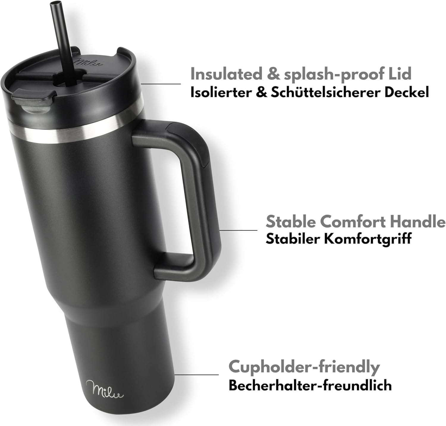 Milu T11 Ποτήρι Θερμός Από Ανοξείδωτο Ατσάλι με Καπάκι 2 σε 1 και Καλαμάκι - 1.2L - Black - 1952