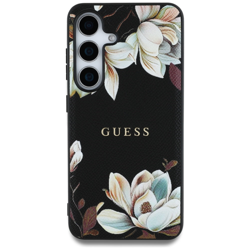 Guess Samsung Galaxy S25 - Grained Printed Flower Pattern - Θήκη με Επένδυση Συνθετικού Δέρματος και MagSafe - Black - GUHMS25SPGNMPLMK