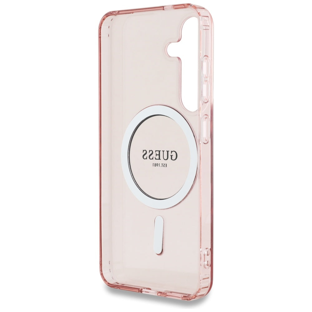 Guess Samsung Galaxy S25 - Glitter Circle Classic Logo - MagSafe Σκληρή Θήκη με Πλαίσιο Σιλικόνης - Pink - GUHMS25SHFGEREP