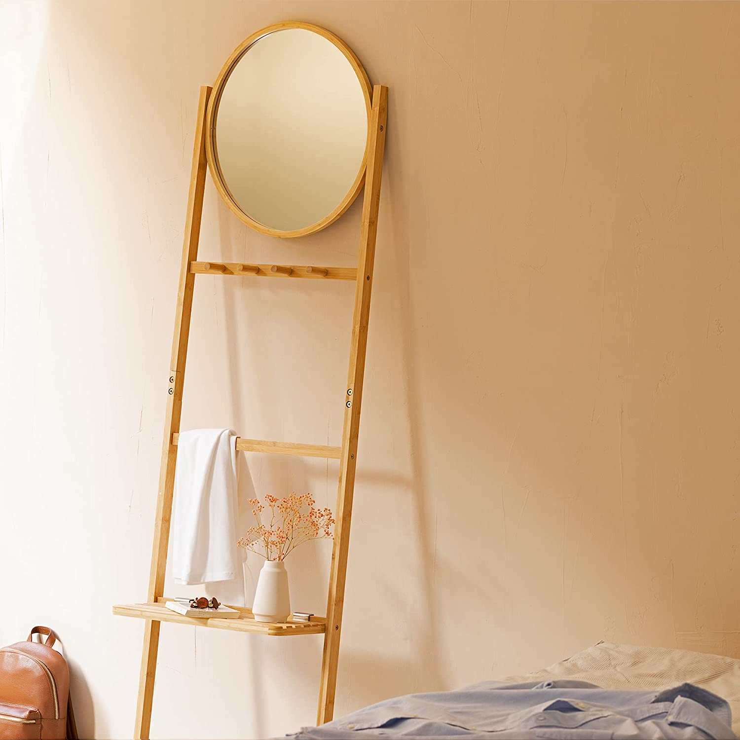 Navaris Κρεμάστρα από Μπαμπού για Πετσέτες με Καθρέφτη και Ράφι - Light Brown - 54181.01