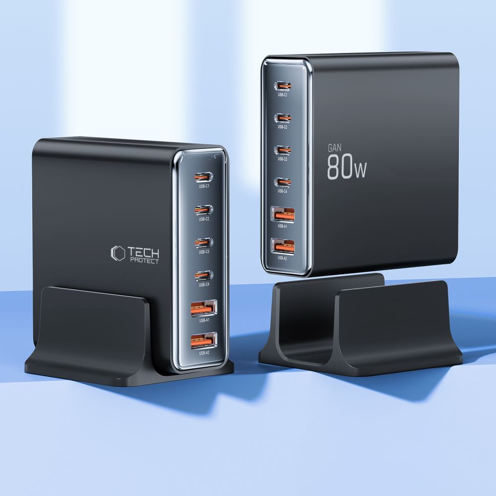 Tech-Protect DC80W-GAN Σταθμός Φόρτισης με 2 Θύρες USB και 4 Θύρες Type-C - PD80W/QC3.0 - Black