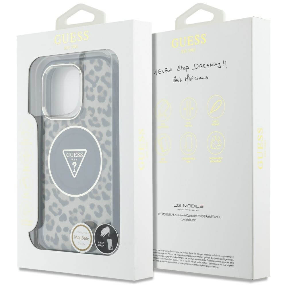 Guess iPhone 16 Pro - HC IML Leopard Triangle Cord Strap MagSafe - Σκληρή Θήκη με Πλαίσιο Σιλικόνης και Λουράκι - Brown - GUHMP16LHLORSSW