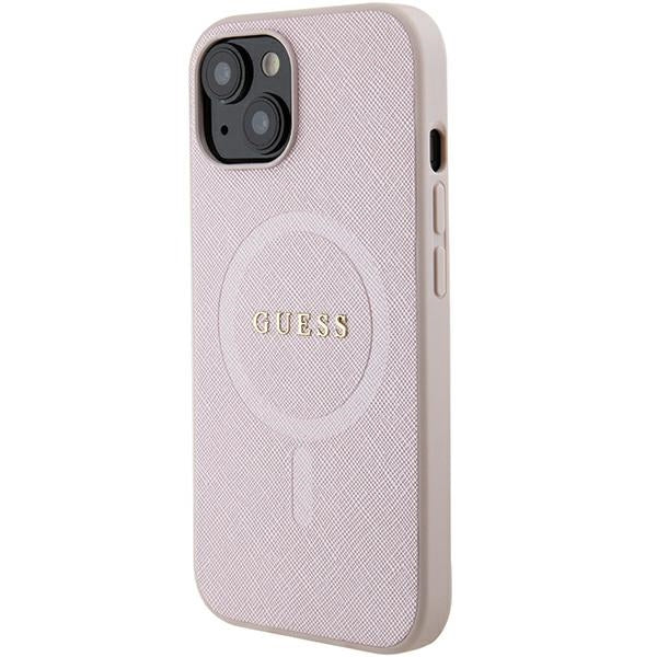Guess iPhone 15 Plus Saffiano MagSafe Σκληρή Θήκη με Πλαίσιο Σιλικόνης και MagSafe - Pink - GUHMP15MPSAHMCP