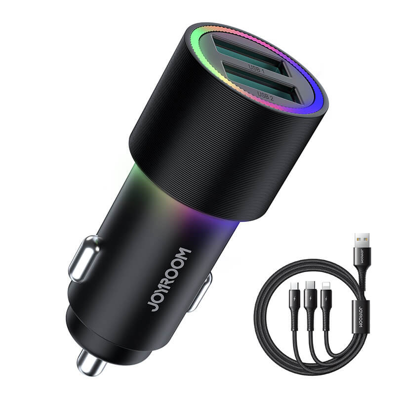 Joyroom JR-CL10 Car Charger Φόρτιση Κινητών στο Αυτοκίνητο με 2 Θύρες USB και Και Καλώδιο 3in1 Micro USB / Lightning / Type-C 1.2m - 24W - Black