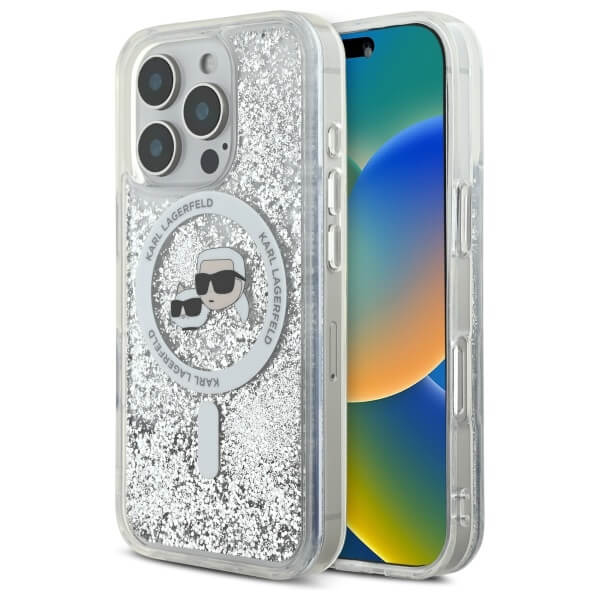 Karl Lagerfeld iPhone 16 Pro - Liquid Glitter Karl and Choupette Head MagSafe - Σκληρή Θήκη με Πλαίσιο Σιλικόνης - Διάφανη - KLHMP16LLGKCSGH