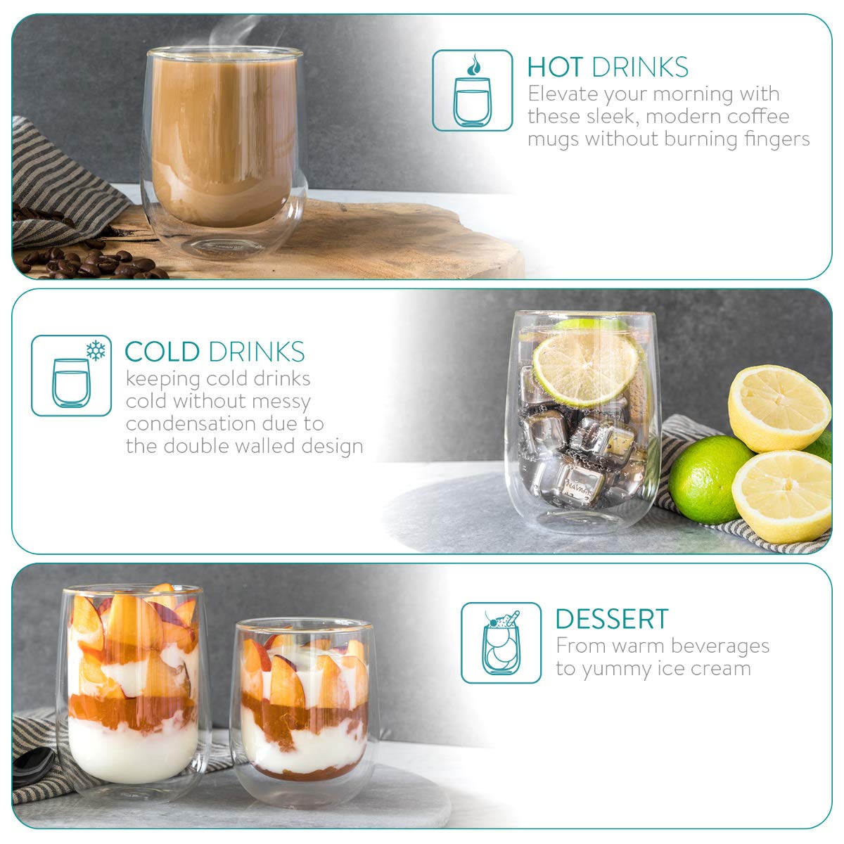 Navaris Double Walled Glass Mugs Set 4 Κούπες Διπλής Όψεως Από Γυαλί - 350ml - Διάφανη - 47547.01.2