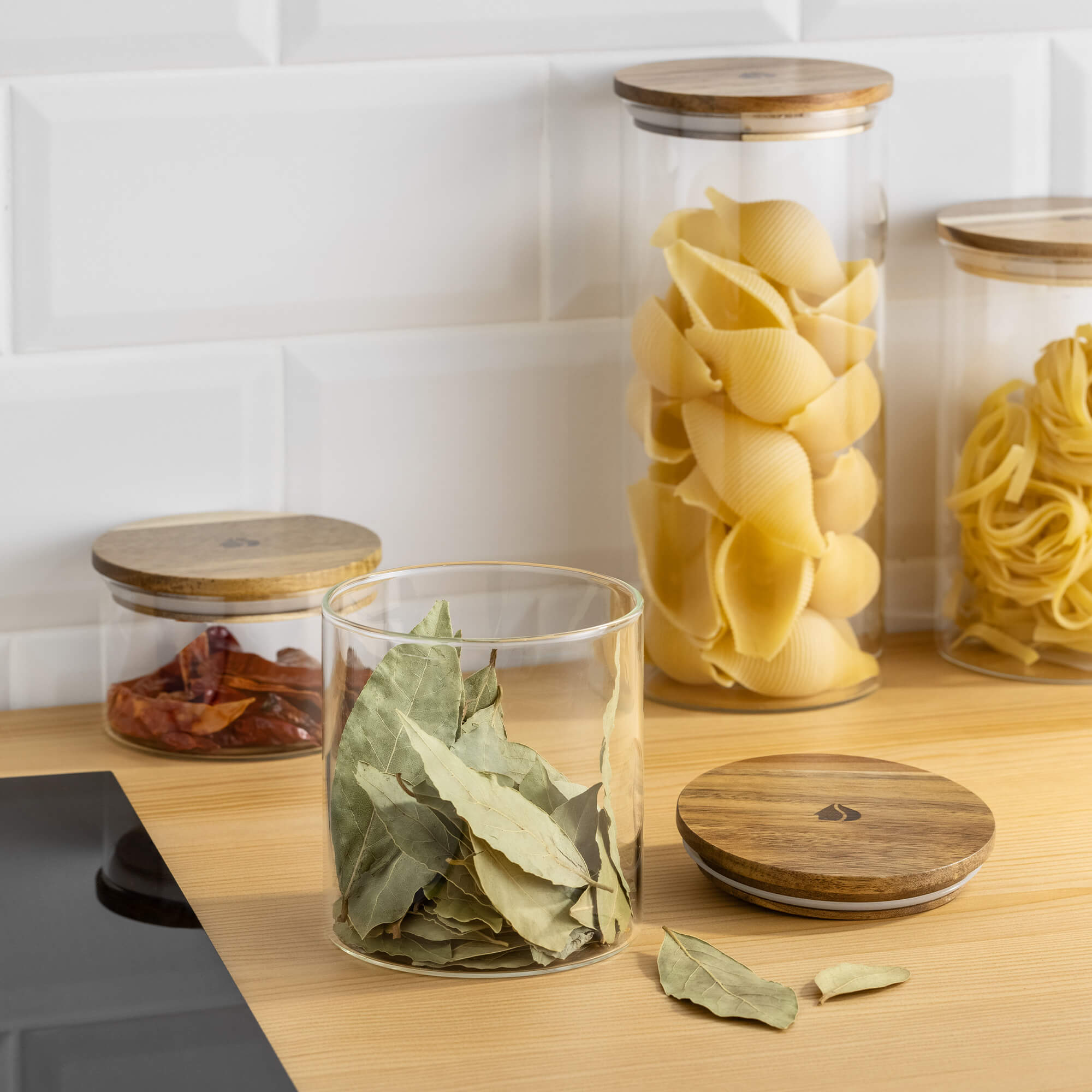 Navaris Σετ με 4 Γυάλινα Βάζα Αποθήκευσης - Round - Acacia Wood - Διάφανα - 54691.02.04