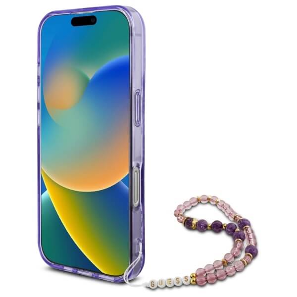 Guess iPhone 16 Pro - IML Flowers With Pearl Strap MagSafe - Σκληρή Θήκη με Πλαίσιο Σιλικόνης και Λουράκι - Purple - GUHMP16LHFWBRCESU