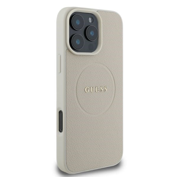 Guess iPhone 16 Pro Max - Grained Gold Ring - MagSafe Σκληρή Θήκη από Οικολογικό Δέρμα - Beige - GUHMP16XPGHSMME