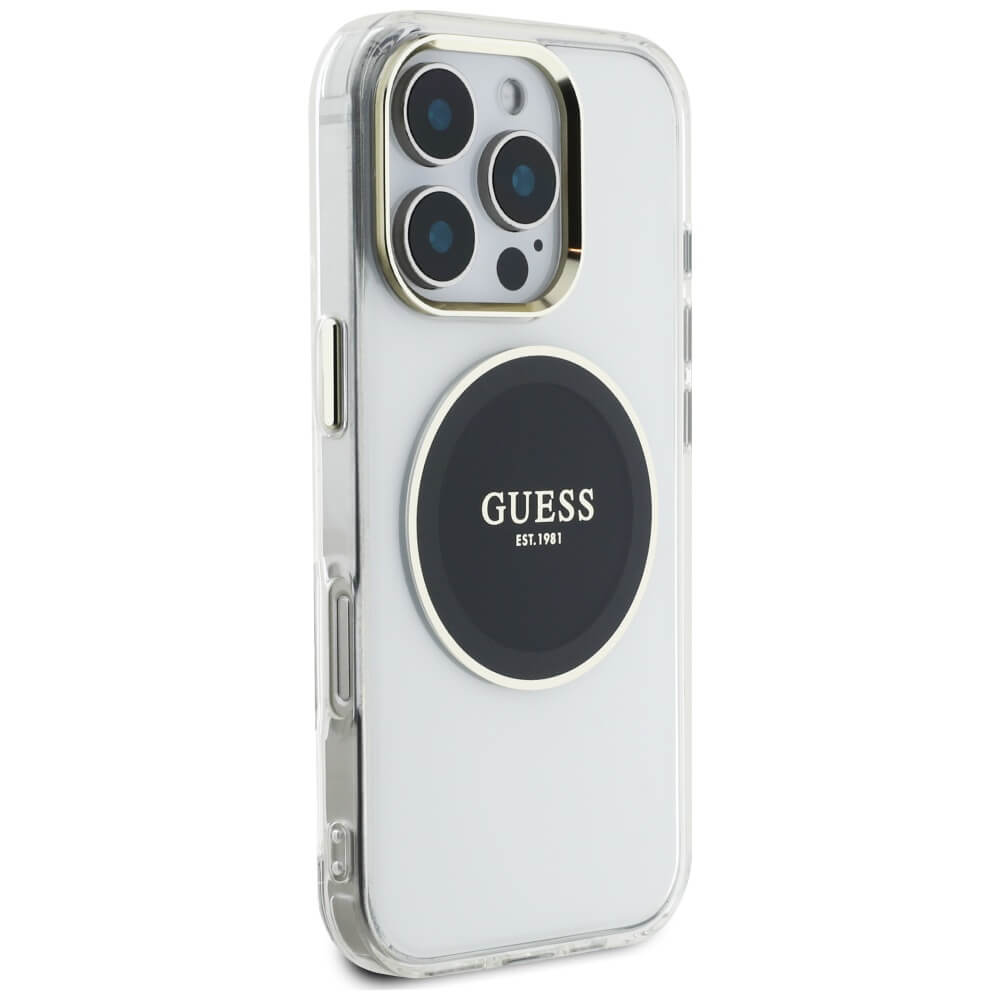 Guess iPhone 16 Pro IML Metal Colored Circle Classic Logo MagSafe Σκληρή Θήκη με Πλαίσιο Σιλικόνης και MagSafe - Black - GUHMP16LHTDRCEDK