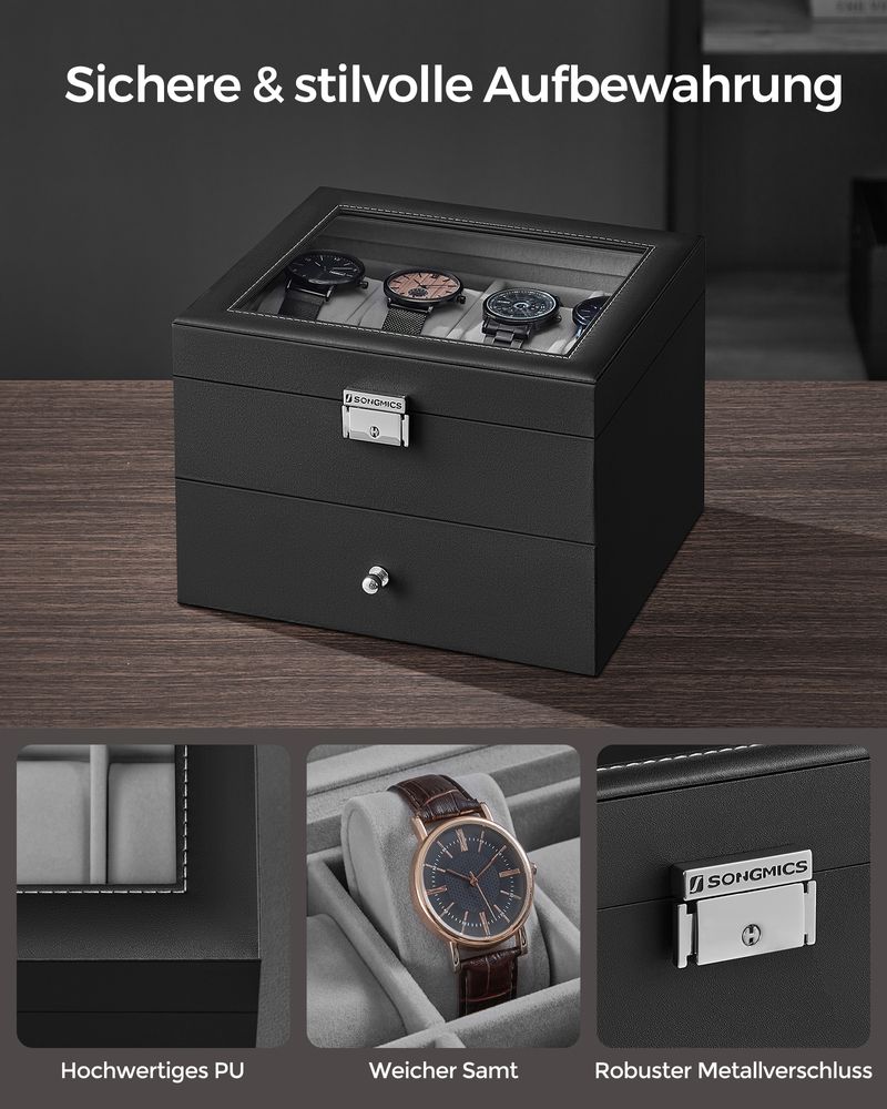 Songmics Κουτί Αποθήκευσης 2 Επιπέδων για 16 Ρολόγια - Black / Green Grey - JWB016G01