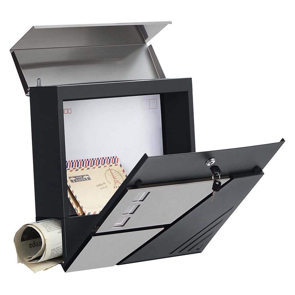 Songmics Επιτοίχιο Μεταλλικό Γραμματοκιβώτιο με Κλειδαριά και Θήκη Εφημερίδων - ‎Anthracite / Silver - GMB053G01