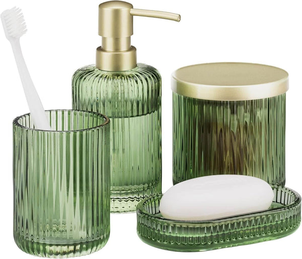 Navaris Γυάλινο Σετ 4 Τεμαχίων Αξεσουάρ Μπάνιου - Διάφανο / Sage Green - likebrands.gr