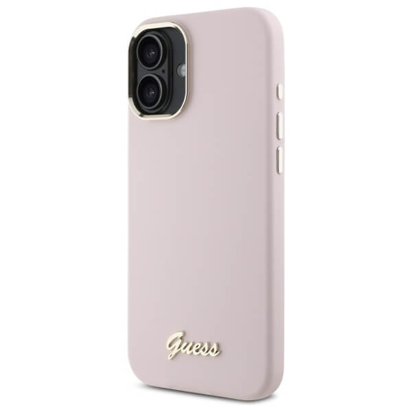 Guess iPhone 16 Plus - Silicone Script Metal Logo and Frame - Σκληρή Θήκη με Πλαίσιο Σιλικόνης - Pink - GUHCP16MSMBSLP