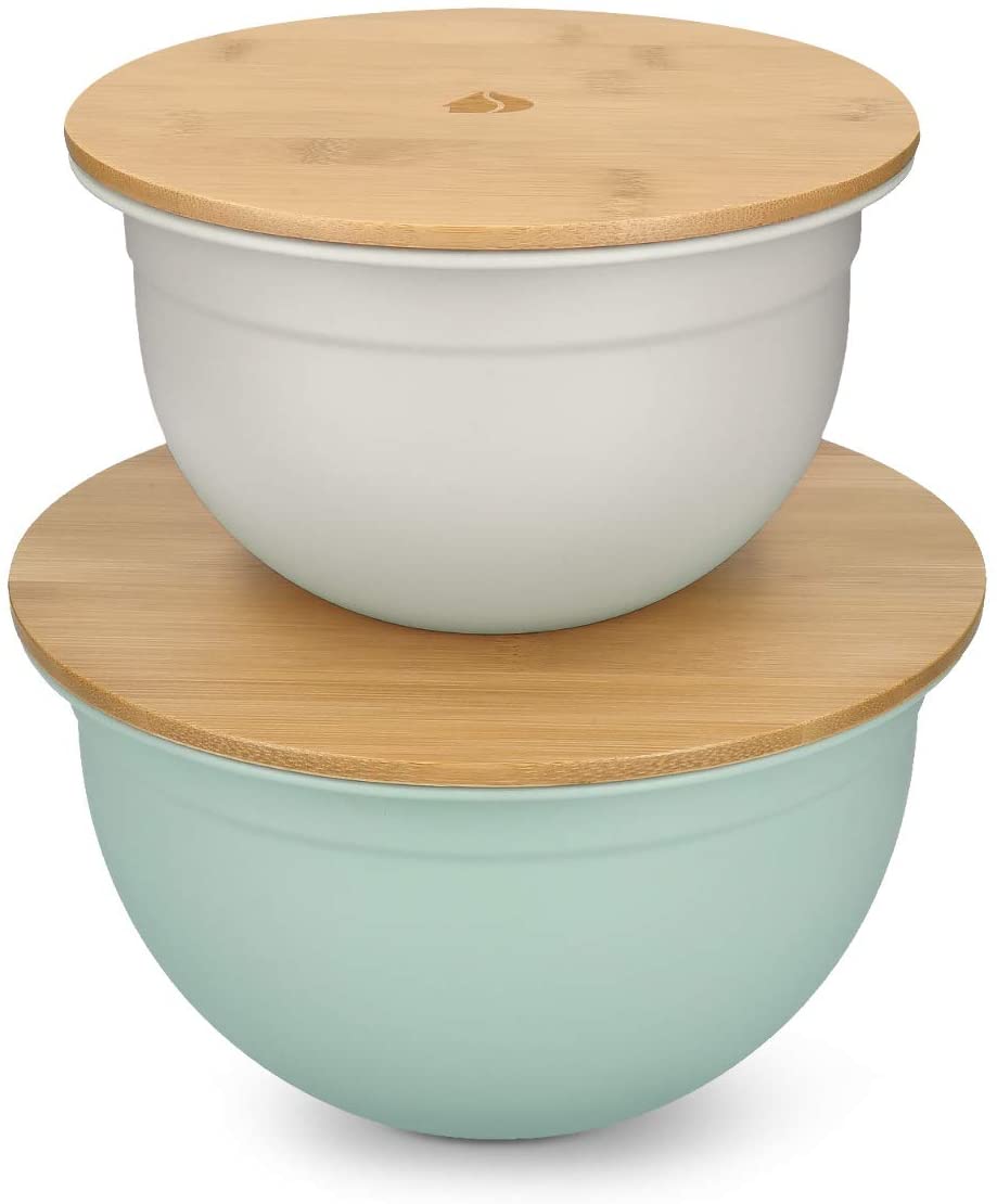 Navaris Metal Mixing Bowls with Wooden Lids Σετ με 2 Μεταλλικά Δοχεία Φαγητού με Καπάκι από Μπαμπού - Grey / Mint Green - 49209.02.22