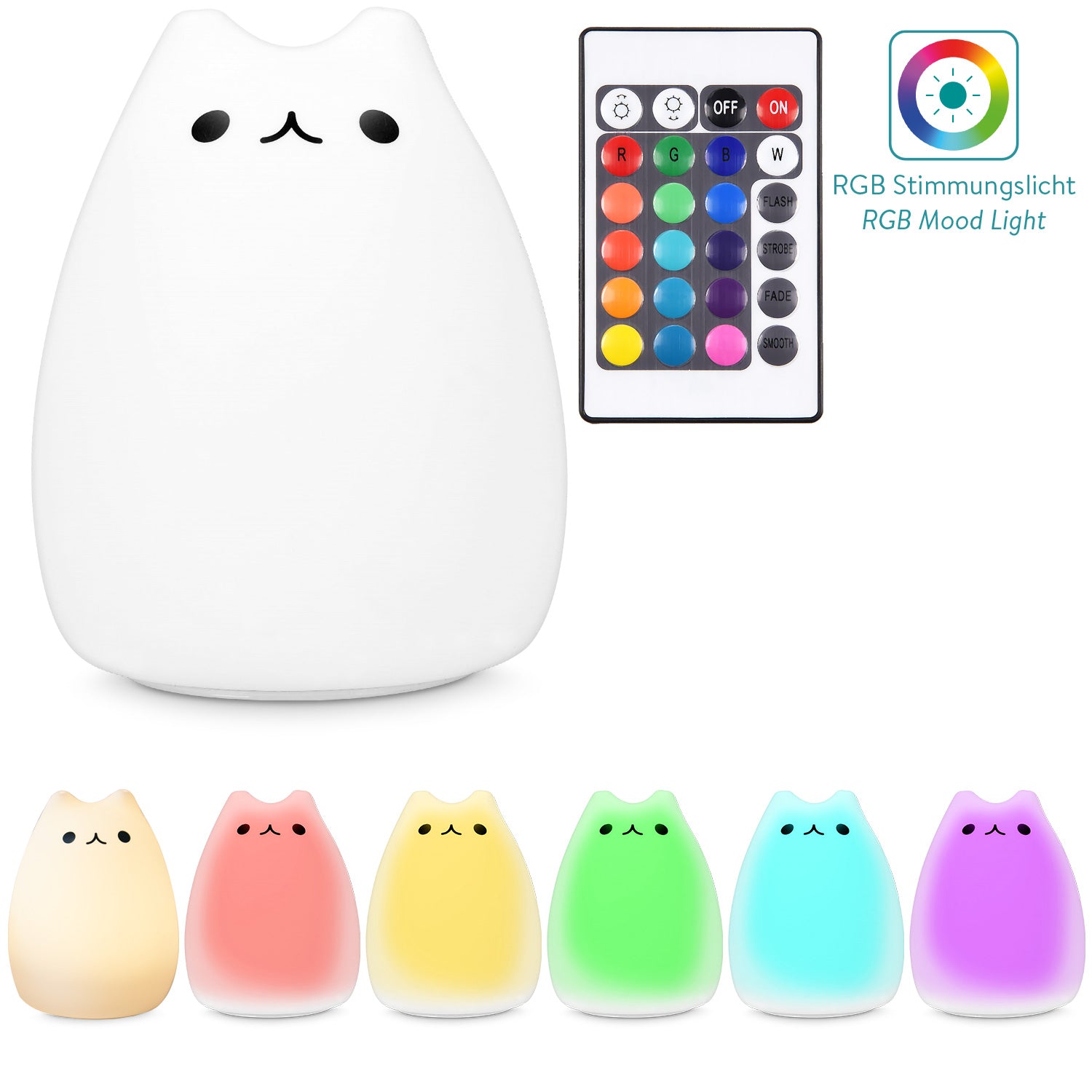 Navaris LED Cat Night Light RGB with Remote Control - Παιδικό Νυχτερινό Φως με Αλλαγή Χρωμάτων και Τηλεχειριστήριο - White - 42793