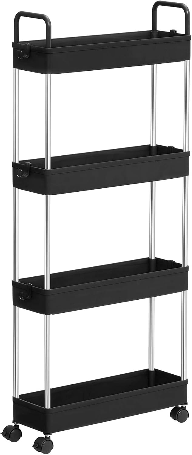 Songmics Πλαστικό Καρότσι Εξοικονόμησης Χώρου για Οργάνωση και Αποθήκευση με 4 Ράφια - 40 x 13.5 x 93 cm - Black - KSC018B01