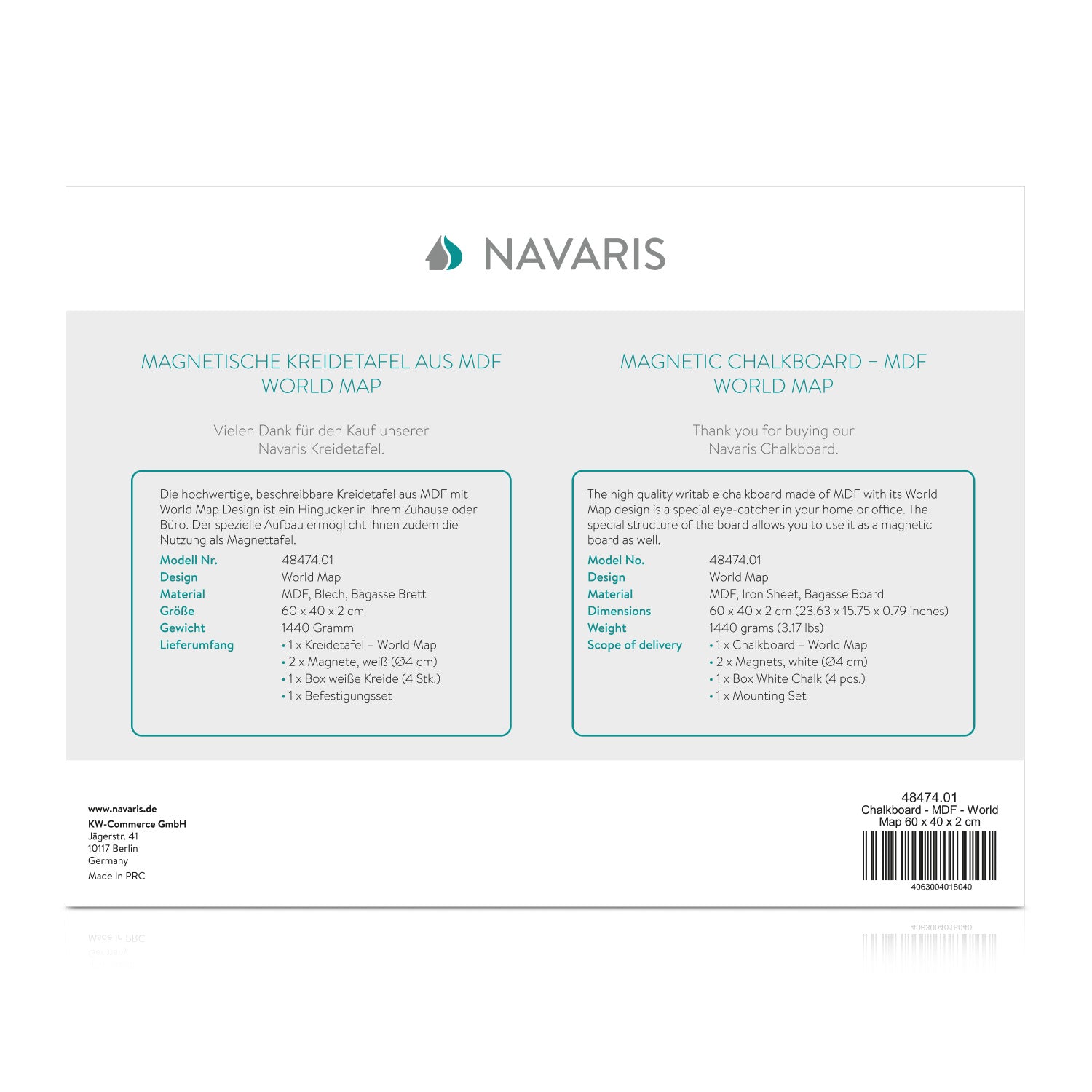 Navaris Magnetic Memo Board - Μαγνητικός Πίνακας Ανακοινώσεων - 60 x 40 cm - Design World Map - 48474.01