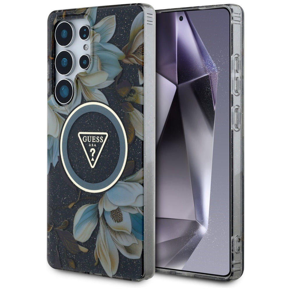 Guess Samsung Galaxy S25 Ultra - Glitter Flowers Triangle Buttons MagSafe - Σκληρή Θήκη με Πλαίσιο Σιλικόνης - Black - GUHMS25LHFLPEDK