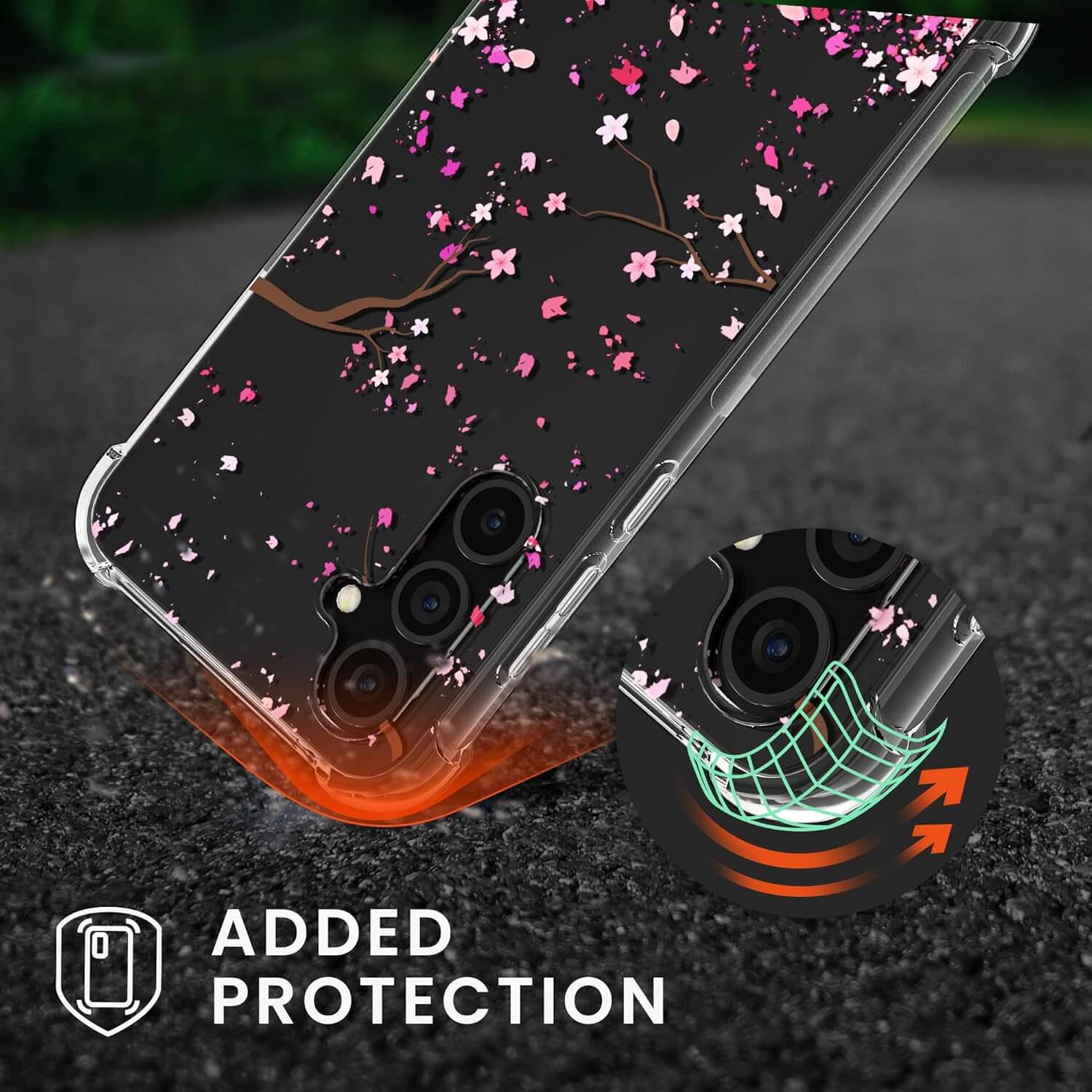 KW Samsung Galaxy A35 5G Θήκη Σιλικόνης TPU με Λουράκι - Design Cherry Blossom Leaves - Pink / Dark Brown / Διάφανη