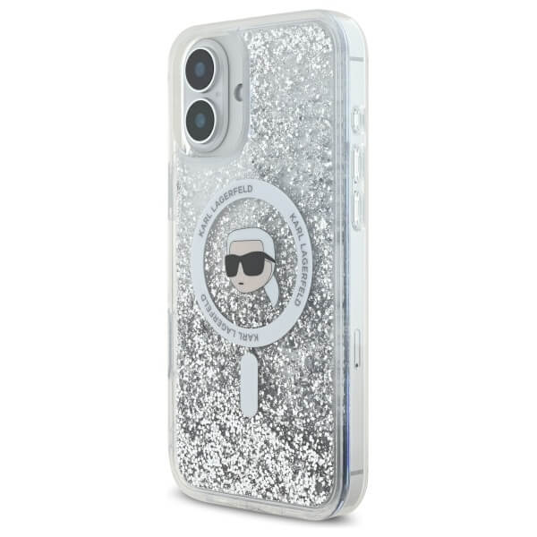 Karl Lagerfeld iPhone 16 Plus - Liquid Glitter Karl Head MagSafe - Σκληρή Θήκη με Πλαίσιο Σιλικόνης - Διάφανη - KLHMP16MLGKISGH