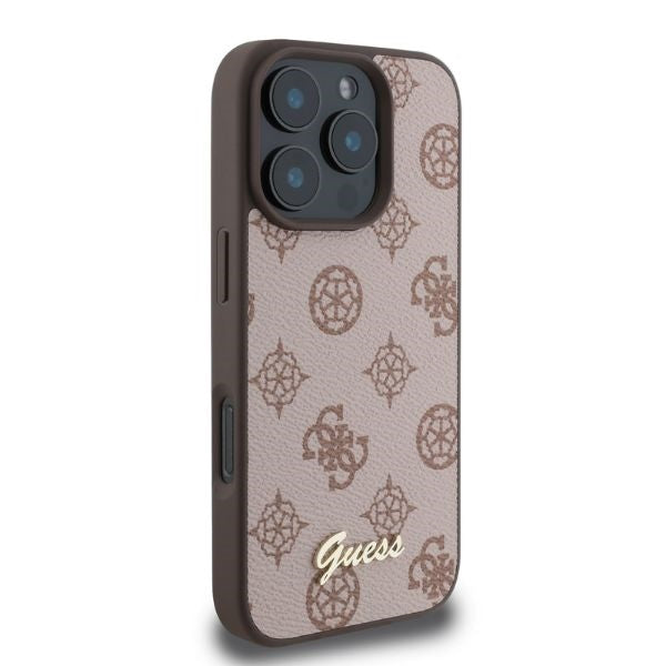 Guess iPhone 16 Pro - Peony Script - MagSafe Θήκη με Επένδυση Συνθετικού Δέρματος - Brown - GUHMP16LPGPYSW
