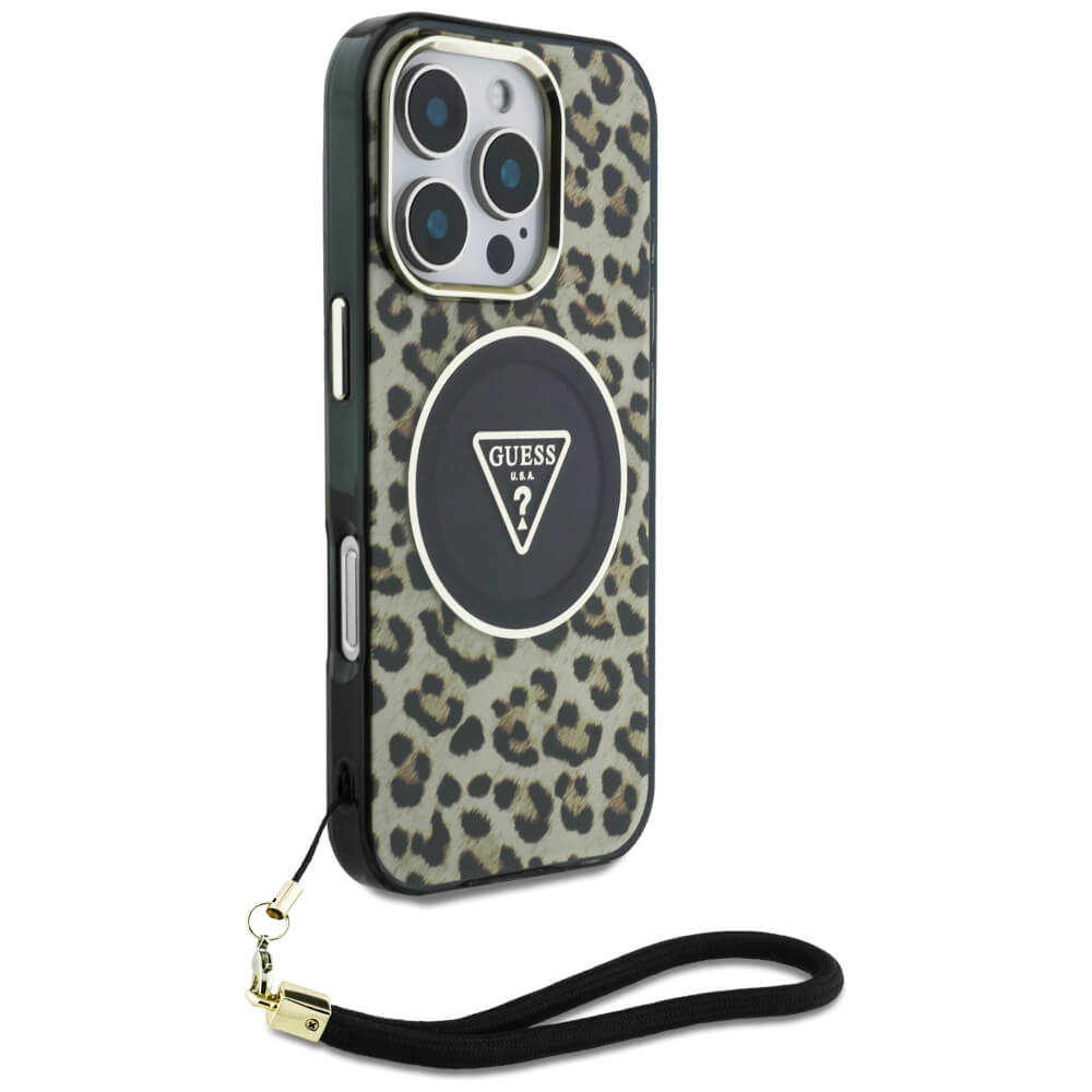 Guess iPhone 16 Pro Max - HC IML Leopard Triangle Cord Strap MagSafe - Σκληρή Θήκη με Πλαίσιο Σιλικόνης και Λουράκι - Brown - GUHMP16XHLORSSW