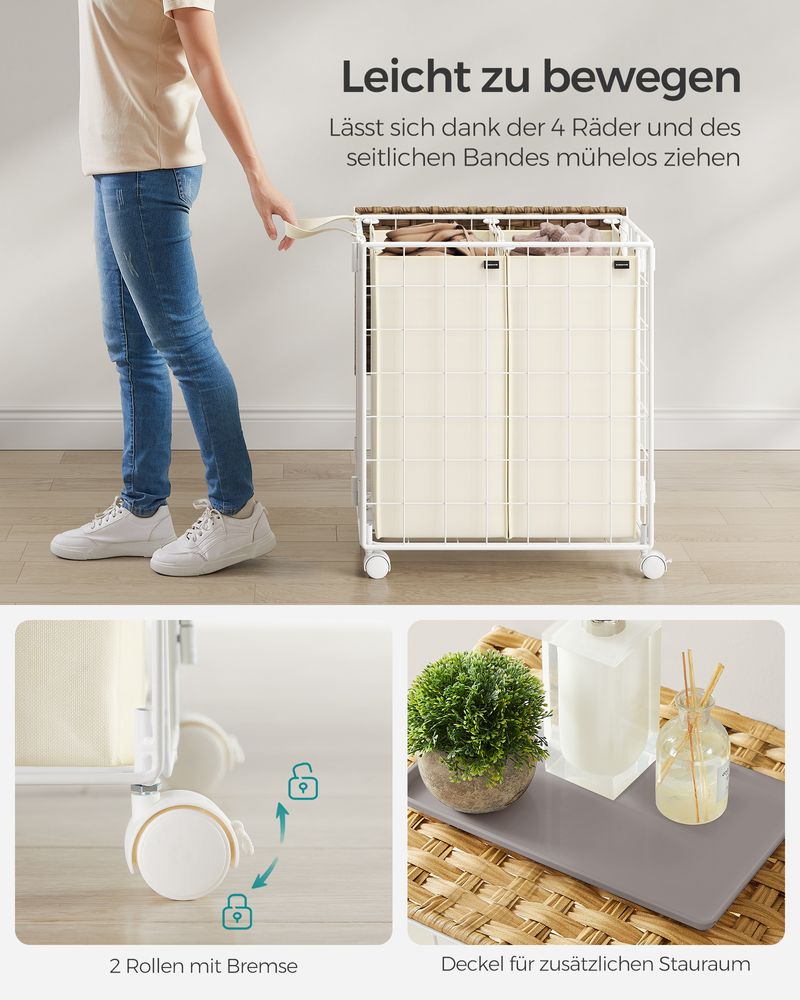 Songmics Τροχήλατο Αναδιπλούμενο Καλάθι Απλύτων με 2 Χωρίσματα και Καπάκι - 110L - Natural Beige / Cream White - LCB211N01