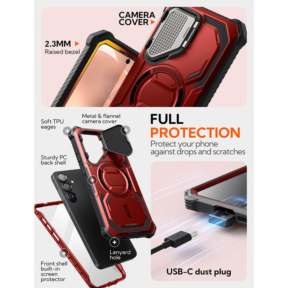 Supcase Samsung Galaxy S25 Plus Armorbox Magsafe Σκληρή Θήκη με Προστασία Οθόνης και Κάλυμμα Κάμερας / Stand - Metallic Red